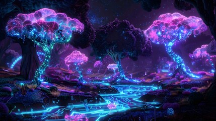Nightscape forest on neon style. Fairytale word background