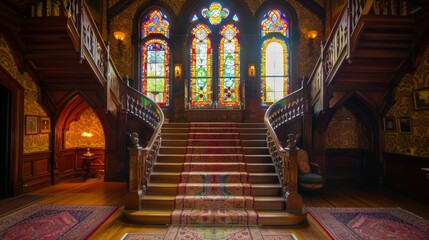 As one enters the grand foyer of this Gothic Revival home their eyes are immediately drawn to the elaborate stained glass window above the staircase. The vibrant colors and geometric . - obrazy, fototapety, plakaty