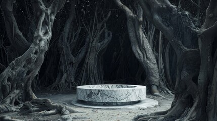 In the heart of this mysterious forest the dark gnarled trees part ways to reveal a stunning white marble podium a symbol of the delicate . . - obrazy, fototapety, plakaty
