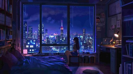 Anime artistic image of girl at night in new york city apartment with a full room during night traffic studing relaxing