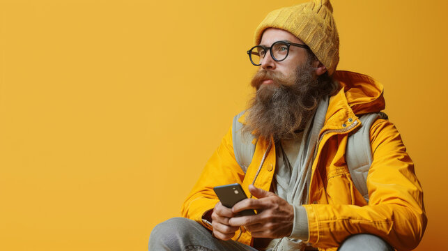 Young bearded man in glasses holds credit card and smartphone isolated on orange background. Online shopping. Online payment.