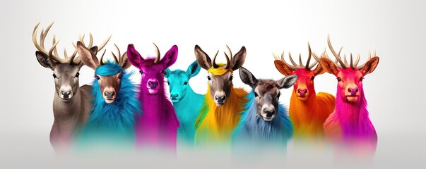 Large group of deer with colorful hair isolated on a white background.