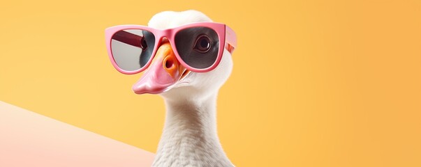 Close up of a white swan wearing pink sunglasses on blue background