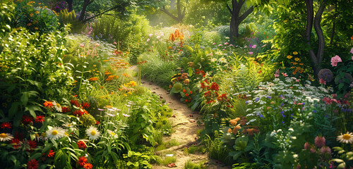 A quaint, overgrown garden path that winds through a riot of summer blooms and greenery. The path leads to an unseen 32k, full ultra hd, high resolution