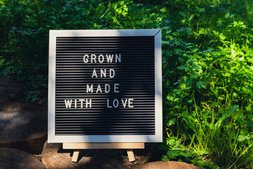 Letter board with text GROWN AND MADE WITH LOVE on background of garden bed with green herb parsley. Organic farming, produce local vegetables concept. Supporting local farmers