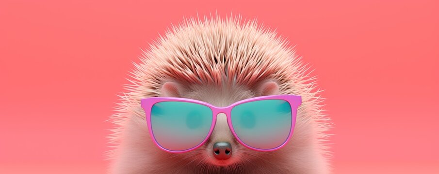 Funny hedgehog with pink sunglasses on pink background, closeup
