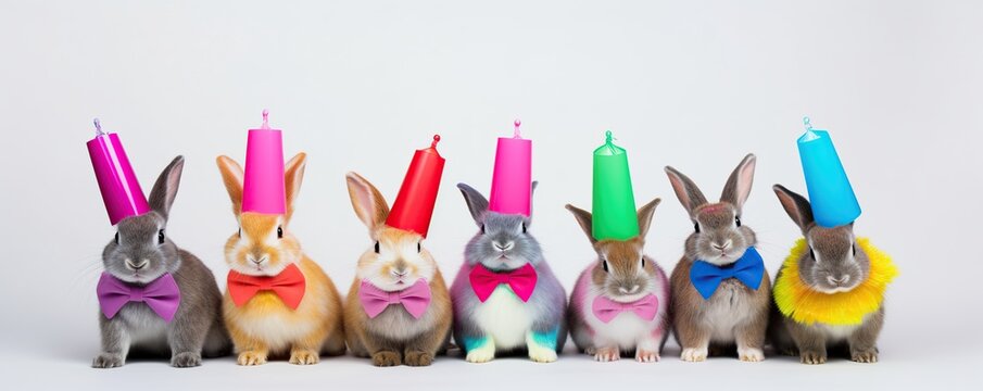 Group of rabbits with birthday candles on white background. Easter concept.
