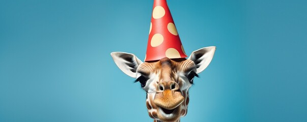 Funny giraffe with party hat on blue background - obrazy, fototapety, plakaty