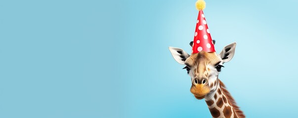 Funny giraffe with party hat on blue background - obrazy, fototapety, plakaty