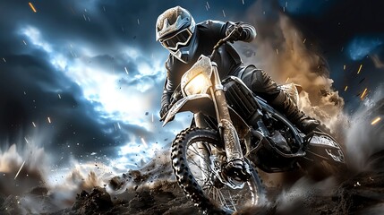 Exhilarating motocross race, dusty, sports action, offroad adrenaline - obrazy, fototapety, plakaty