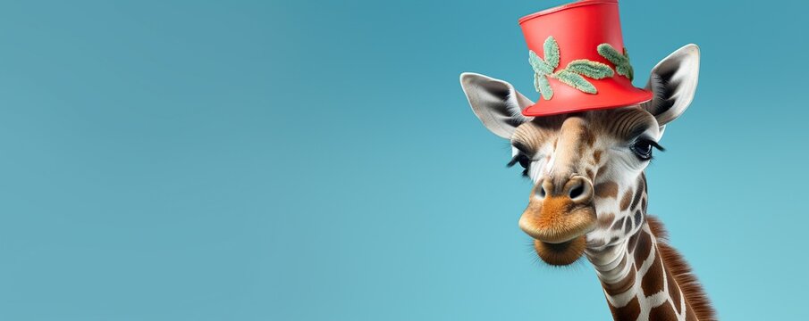 Funny giraffe with party hat on blue background