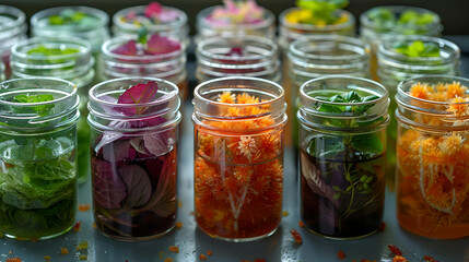 Assortment of colorful pickled vegetables in glass jars, showcasing modern home canning and sustainable living, perfect for culinary magazines and healthy eating blogs