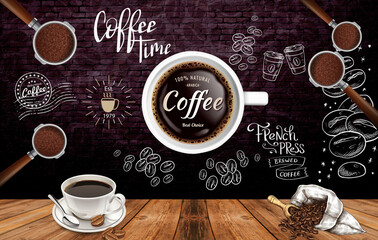 Coffee background with realistic cup of coffee

