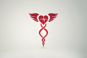 Modern medical emblem with a heart and wings intertwined with a caduceus, representing healthcare services, perfect for hospital branding and medical professional associations