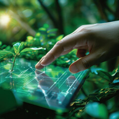 Explore the intersection of technology and ecology with a hand working on a transparent digital screen. AI generative.