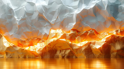 Abstract Crumpled Paper Mountains, Warm Golden Sunset Style, Creative Backdrop Concept, Suitable for Inspirational Posters and Metaphorical Illustrations - obrazy, fototapety, plakaty