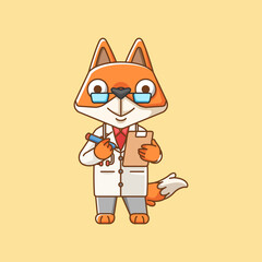 Cute fox doctor medical personnel chibi character mascot icon flat line art style illustration concept cartoon