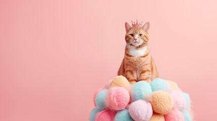 An orange cat wearing a pink crown sits atop a pile of multicolored, fuzzy soft pompoms balls. The background is pink. - obrazy, fototapety, plakaty