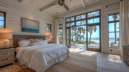 Fototapeta na wymiar Bedroom - Beach house - wrm white with stained wood trim - meticulous symmetry - coastal design - casual flair - windows