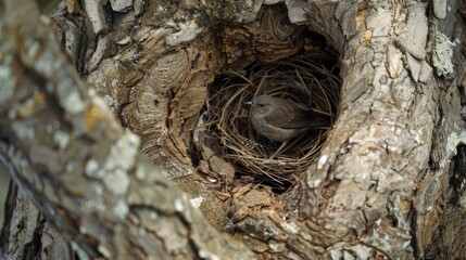 A closeup image of a birds nest nestled in a large tree. However upon further examination the tree is not native to the area and is actually an invasive species. The birds have been . - obrazy, fototapety, plakaty