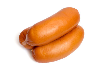 Three thick sausages on a white background. Close-up of natural meat sausages.