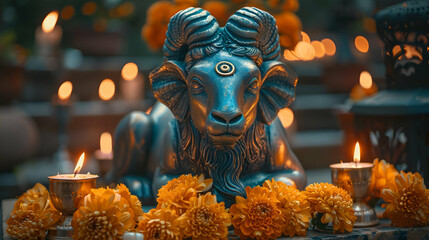 Sacred Nandi Bull Statue with Diya Candles, Spiritual Hindu Decor, Shivratri Festival Atmosphere, Suitable for Religious Article Illustrations, Spirituality Blogs