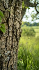 A close-up of the textured bark of a tree in a lush green meadow