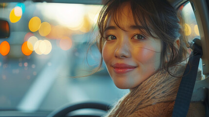 Young beautiful asian women getting new car. she very happy and excited. Smiling female driving vehicle on the road on a bright day. Sticking her head outta the windshield.