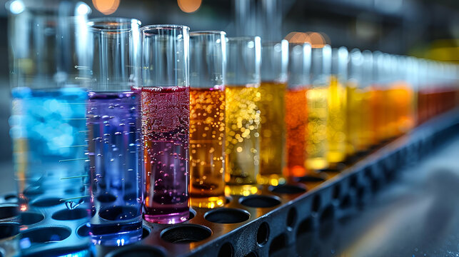 Colorful Test Tubes in Laboratory Rack, Vivid Scientific Style, Science Research Concept, Educational Material, Suitable for Academic Publications and Scientific Backgrounds