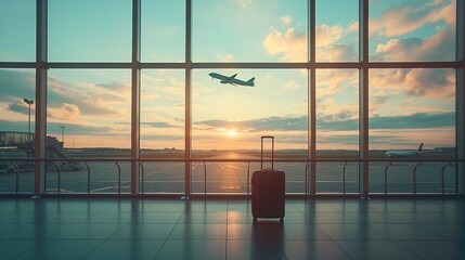 An airplane is flying outside the window of an airport, with a lone suitcase sitting in front of the window. The sun is shining brightly.