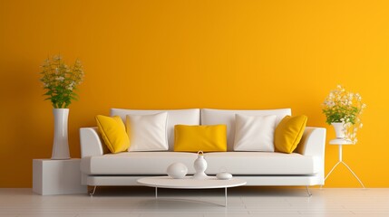 A cozy white sofa basking in the warm glow of a vibrant yellow room, radiating comfort.