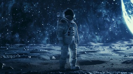 Obraz premium The determined astronaut stands boldly on the surface of a foreign planet their determined gaze piercing through the darkness. .