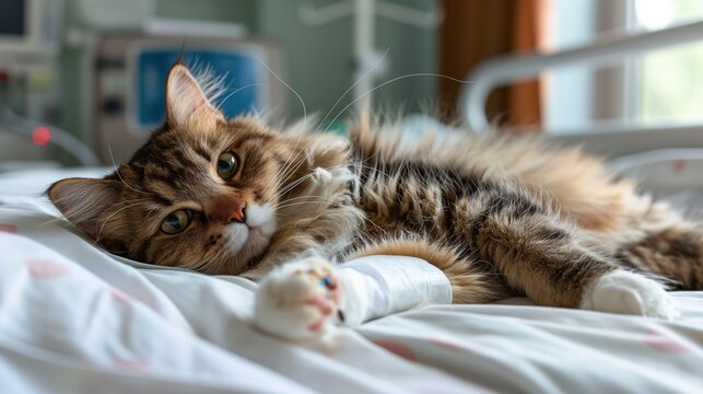 A cat with a broken bandaged paw lies on a hospital bed in a veterinary clinic. Veterinary care, animal doctor