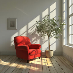 Enhance your interior design projects with this high-detail photo of a red chair by the window. AI generative.