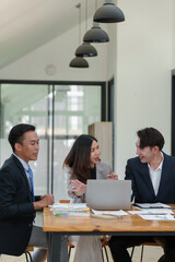 Group of diverse businesspeople brainstorming meeting Ideas, and creative ideas to discuss the situation in the online market working in the office.