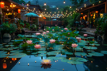 Enchanting Lotus Pond at Evening, Traditional Asian Garden, Cultural Events and Festivals Concept,...