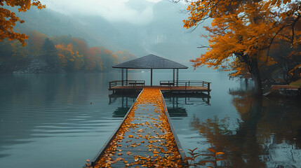 Tranquil Autumn Lake with Wooden Pier, Misty Landscape, Serene Nature Photography, Suitable for...