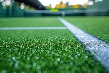 Naklejka premium Close up shot of grass tennis court with selective focus 