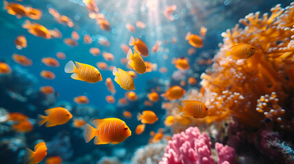 Naklejka na ściany i meble Vivid Coral Reef with Tropical Fish, Underwater Ecosystem, Marine Wildlife Photography, Vibrant Underwater Life, Nature and Marine Biology Concept, Ideal for Environmental Awareness Campaigns