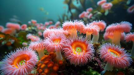 Naklejka na ściany i meble Underwater Sea Anemones, Marine Life Discovery, Aquatic Wonderland Concept