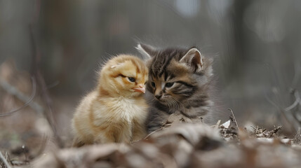Naklejka na ściany i meble Kitten and Chick Friends, Cute Animal Bonding, Friendship Concept