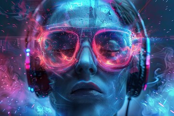 Person listening to music with neon colored glasses