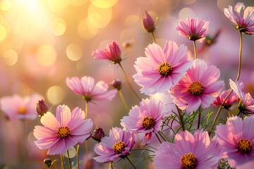 Cosmos Flowers at Sunrise, Vibrant Nature Style, Blissful Garden Concept