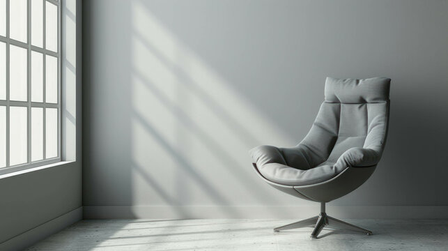 Step into the world of minimalist aesthetics with this superbly clean stock image featuring a beautiful grey chair. AI generative.