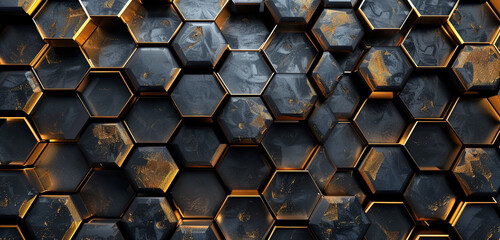 Dark hexagons weave together, enhanced by the brilliance of golden lines, creating an opulent 3D...