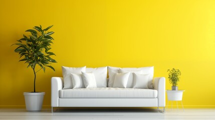 A cozy white sofa basking in the warm glow of a vibrant yellow room, radiating comfort.