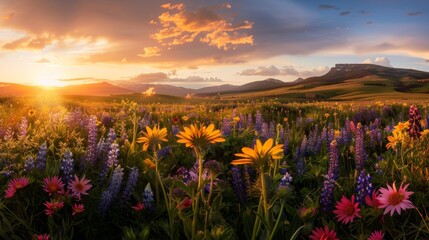 A panorama of a wildflower field at sunset, showcasing the vibrant colors of the flowers bathed in warm golden light - obrazy, fototapety, plakaty