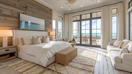 Bedroom - Beach house - wrm white with stained wood trim - meticulous symmetry - coastal design - casual flair - windows