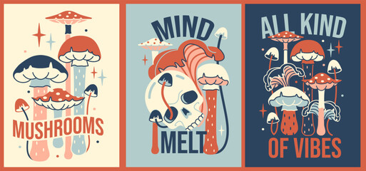 Trippy fun posters. t shirt prints. Psychedelic Graphic Tee. Vintage style t-shirt prints with shrooms and skull.