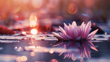 Advertising - testimonial photo of lotus flower reflected in the water under sunset with bokeh - Powered by Adobe